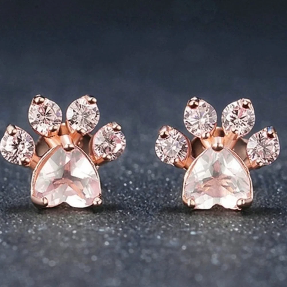 🆕Pink faux diamond paw rose gold stud earrings